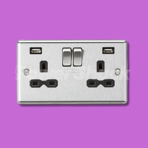 Knightsbridge 13A 2G SP Switched Socket with Dual USB A+A (5V DC 2.4A shared) - Brushed Chrome - Black Inserts