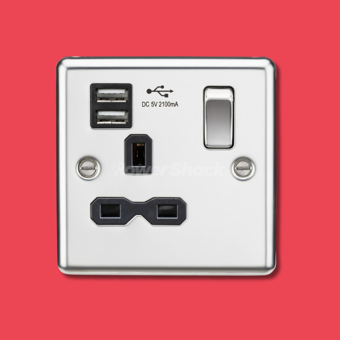 Knightsbridge 13A 1G SP Switched Socket with Dual USB A+A (5V DC 2.1A shared) - Polished Chrome