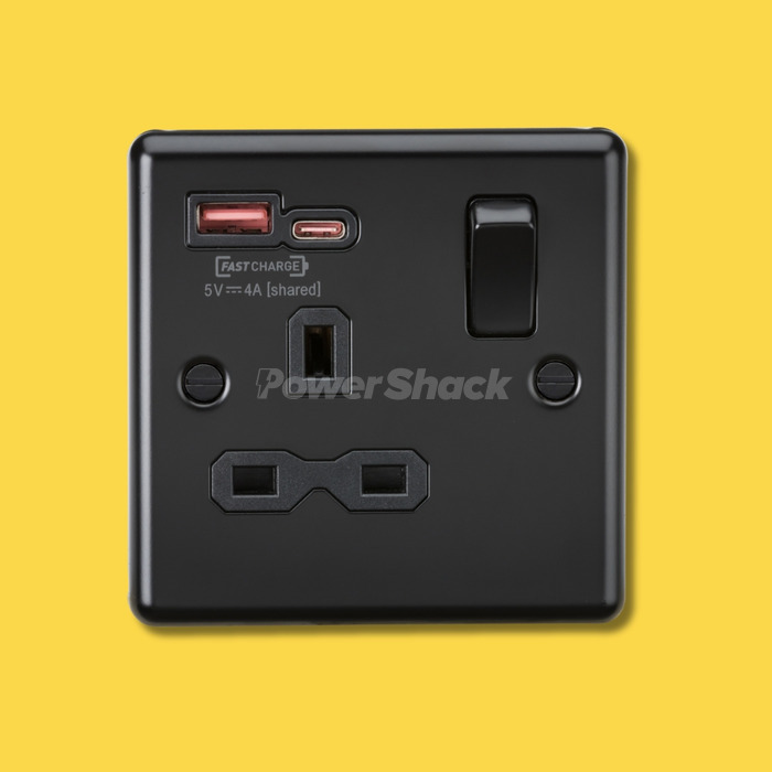 Knightsbridge 13A 1G SP Switched Socket with Dual USB A+C 12V DC 1.5A [Max. 18W] - Matt Black with Black Insert