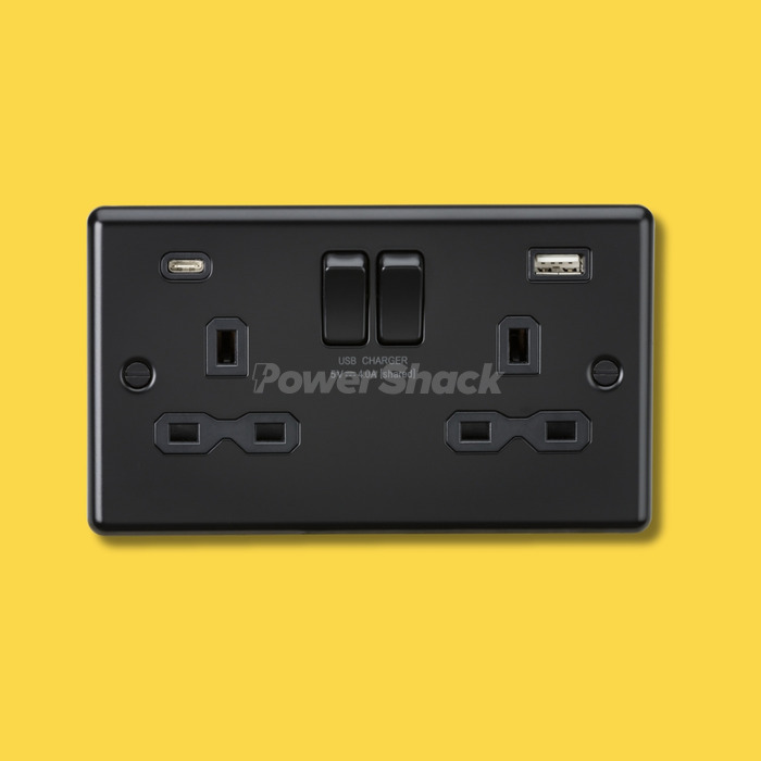 Knightsbridge 13A 2G SP Switched Socket with Dual USB A+C (5V DC 4.0A shared) - Matt Black with Black Insert