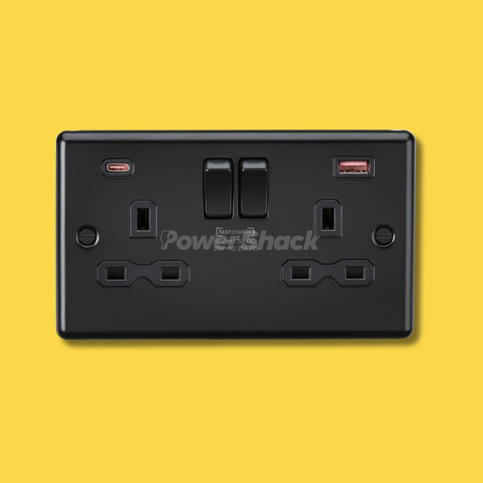 Knightsbridge 13A 2G DP Switched Socket with Dual USB A+C 20V DC 2.25A (Max. 45W) - Matt Black with Black Insert