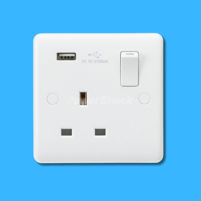 Curved Edge White 13A 1 Gang Switched Socket with USB Charger (5V DC 2.1A)