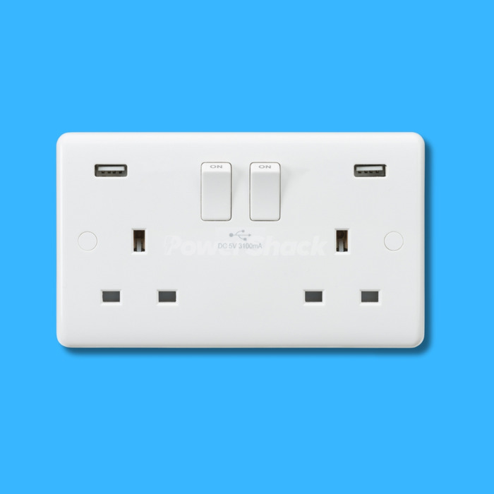 Curved Edge White 13A 2 Gang Switched Socket with Dual USB Charger (5V DC 3.1A s