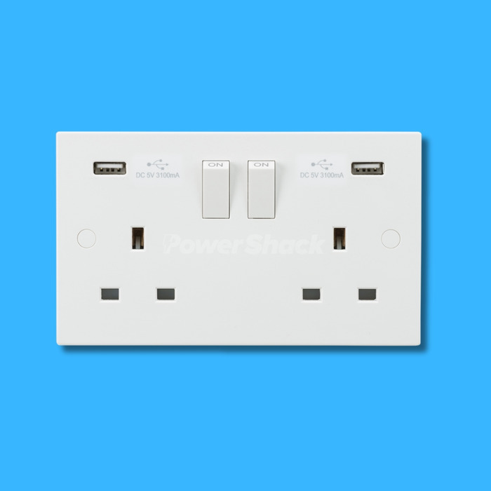 Square Edge 13A 2G SP Switched Socket with Dual USB A+A (5V DC 3.1A shared)