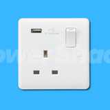 Curved Edge White 13A 1 Gang Switched Socket with USB Charger (5V DC 2.1A)